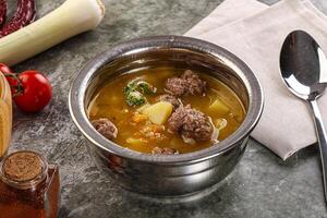 Soup with beef meatball and vegetables photo