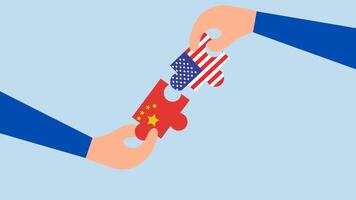 vereinigt Zustände und China Handel Krieg Verhandlung, Geschäftsmann, Animation von Manager halten ein Porzellan Puzzle und ein amerikanisch Flagge zu stellen es zusammen. video