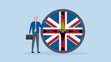 UK, unito regno economico direzione, animazione di direzione bussola con unione Jack UK bandiera con uomo d'affari capo. video