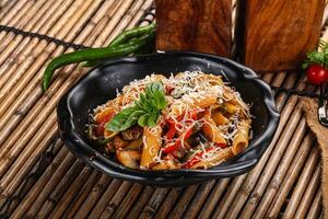 Vegetarian pasta penne with mushroom photo
