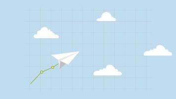 Stock market soaring, animation of paper plane pulls up a line chart heading for the clouds. video