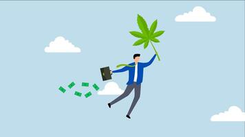 faire argent et riches avec cannabis entreprise, animation de une riches homme mouches avec une cannabis feuille et tenir valise plein de argent. video