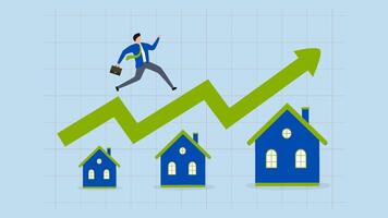 Housing price rising up, animation of businessman running on the roof of a building with a rising green graphic. video