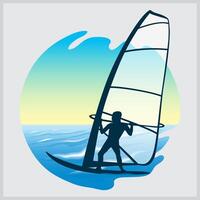 a man is sailing a boat with a picture of a man on it. vector