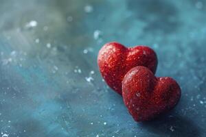 Valentines Day concept two red hearts on a blue background photo