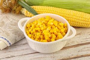 Canned yellow corn in the bowl photo