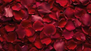 Top-View Composition of Beautiful Red Rose Petals, Creating a Stunning Background with a Touch of Timeless Beauty. photo