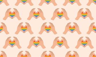 Seamless pattern with Symbol of LGBTQ pride community. LGBT heart hands showing love. Finger heart gesture. LGBT pride month. Rainbow background. illustration vector