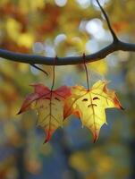 Close-up Shot, Two Anthropomorphic Maple Leaves Holding Hands, a Heartwarming Display of Natures Embrace. photo