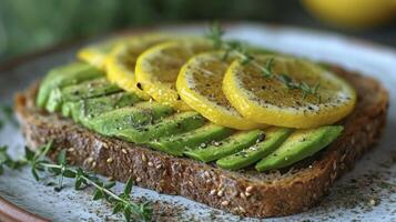 A Close-Up Shot Capturing the Delightful and Beautifully Plated Vegan Avocado Toast, Showcasing its Appetizing Details. photo