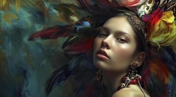 Beautiful Woman with Colorful Feathers in Head photo