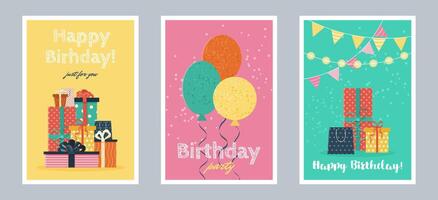 Set of Happy Birthday greeting cards or party invitations. isolated multicolored flat illustrations. postcards with various gift boxes and balloons. Layered templates. Invitation concept. vector