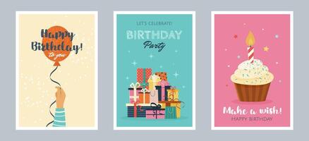 Set of Happy Birthday greeting cards or party invitations. isolated multicolored flat illustrations. postcards with various gift boxes, cupcake, balloon. Layered templates. Invitation concept. vector