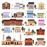 Set of various flat urban building icons. Isolated municipal library, bank, pharmacy, post office, school, pet shop, museum, bakery, mosque, beauty salon on a white background. illustrations. vector