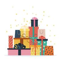 festivo fiesta diseño elementos, en un apilar o montón. varios y multicolor regalo cajas y presente paquetes para contento cumpleaños, Navidad, rebaja diseño. aislado ilustración en blanco. vector