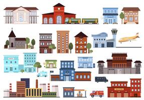 Set of various flat urban building icons. Isolated municipal courthouse, hospital, fire station, police, airport, factory, post office, pharmacy, bank on a white background. illustrations. vector