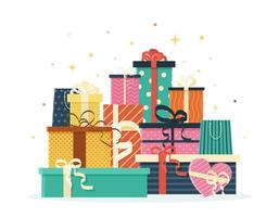 festivo fiesta diseño elementos, en un apilar o montón. varios y multicolor regalo cajas y presente paquetes para contento cumpleaños, Navidad, rebaja diseño. aislado ilustración en blanco. vector