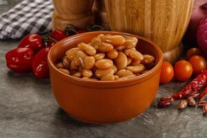 Canned beans in tomato sauce photo