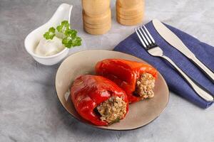 Stuffed bell pepper with minced meat and rice photo