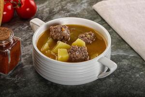 Soup with beef meatball and vegetables photo