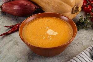 Vegetarian Pumpkin soup with spices photo