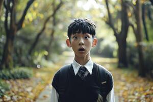 A boy going to school alone in the street and surprisingly looking back away. photo