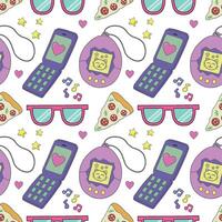 Seamless pattern with tamogochi, mobile phone, glasses and other items in the colorful style of the 80s and 90s. Commercial illustration. vector