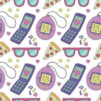 Seamless pattern with tamogochi, mobile phone, glasses and other items in the colorful style of the 80s and 90s. Commercial illustration. vector