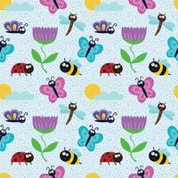Cute seamless pattern with insects and flowers. A design element for printing on fabric. Bees, ladybugs, butterflies, caterpillars, dragonflies and plants. Cartoon flat illustration vector