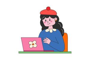 Woman with laptop in retro style, online education or online working concept. vector