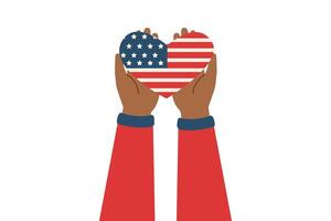 manos participación americano bandera en el forma de corazón. monumento día y independencia día concepto. vector