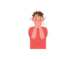 a man covers his mouth because he wants to vomit. keep from vomiting. dizziness, nausea and wanting to vomit. sick, not feeling well. diseases and health problems. character illustration design vector