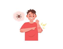 Lyme disease. a man with a reddish rash on the skin of his arms. a disease caused by bacteria transmitted by the bite of a deer tick. health problems. flat style character illustration design. graphic vector