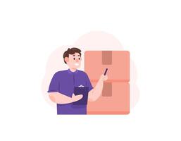 inventory management and inventory control. warehouse staff or workers. calculating the amount of inventory stock, checking data, collecting data on warehouse goods. illustration concept design vector