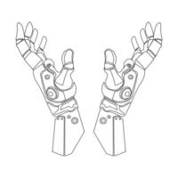Robot or Android Cupped Hands Line art drawing. Artificial intelligence and modern technology concept. Two open robot arms folded together illustration. Bionic hands outline drawing vector