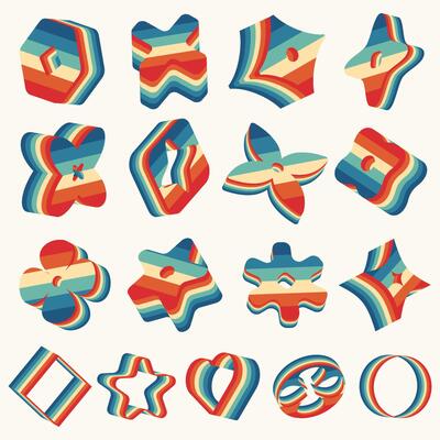 3D Brutalist abstract geometric shapes elements with retro striped texture set. Retro aesthetics design elements. Create 3D icons.Abstract geometric three dimensional figures in vintage style.