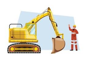 Man and an excavator. Heavy machinery and people. Construction concept vector