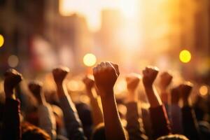 un grupo de personas levantamiento su puño como un símbolo de protesta con bokeh antecedentes. foto