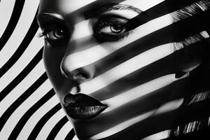 A stunning female portrait in black and white with deep shadows. AI generate photo