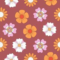 Retro vintage floral pattern. Simple hand drawn flowers on burgundy background. illustration vector