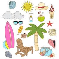 dibujos animados verano elementos, playa, y Hora de verano accesorios ilustración colocar. allí son palmas, surf tableros, sombrillas, y Gafas de sol. aislado antecedentes vector