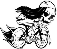 cartoon skeleton skull motor Biker speed illustration in black and white. vector