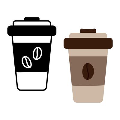 Outline drawing and colorful disposable take away cups with lid and coffee bean on label Set of 2 Logo Icon Sticker Isolate EPS idea for cards, pointers, posters, banners or web, price, label