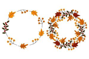 Abstract Round wreaths of leaves and twigs in trendy autumn shades Thanksgiving greetings concept Set of 2 Copy space Template for lettering Isolate EPS for cards, posters, banners, brochures vector