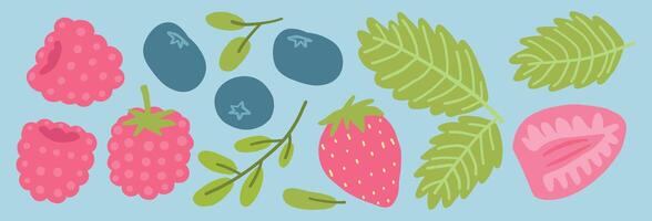 Colorful flat design of berries with leaves, featuring strawberries, raspberries, and blueberries on a light blue background. vector