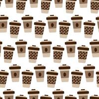 Disposable cups with lid, patterned holder and coffee beans Seamless pattern Background concept idea in trendy soft warm shades Isolate EPS Coffee Day greetings or wallpaper design Isolate EPS vector