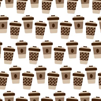 Disposable cups with lid, patterned holder and coffee beans Seamless pattern Background concept idea in trendy soft warm shades Isolate EPS Coffee Day greetings or wallpaper design Isolate EPS