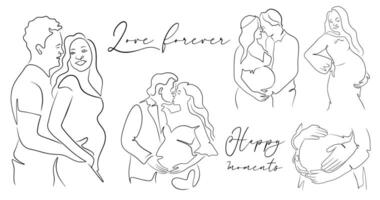 Set of happy moments pregnant couple with text in the line art style for parents day vector