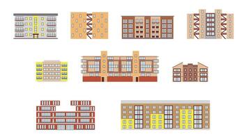 Set of icons of modern multi-storey apartment buildings, elements of urban infrastructure, illustrations in a flat style. vector