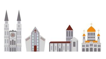 Set of icons of religious buildings of different eras Romanesque, Gothic, Orthodox and modern churches, elements of urban infrastructure, illustrations in flat style vector